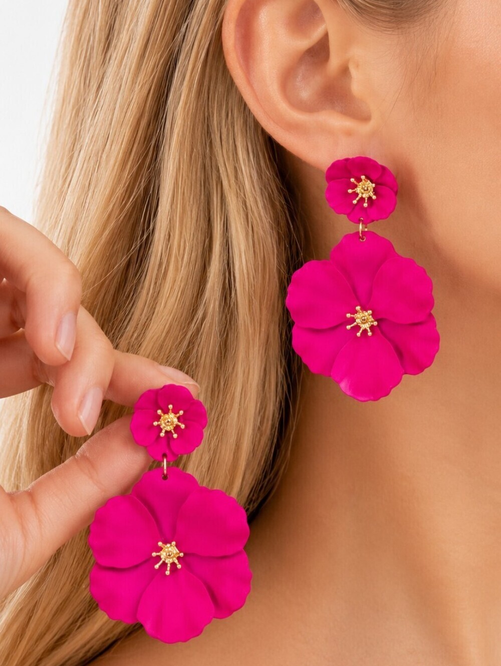 Hot Pink Floral Drop Earrings with Gold Detail